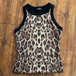 Chic Leopard Print Sequin Tank Top - Black and Brown